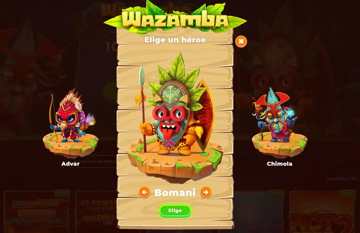 Pantalla de selección de héroe en Wazamba con los avatares Advar, Bomani y Chimola